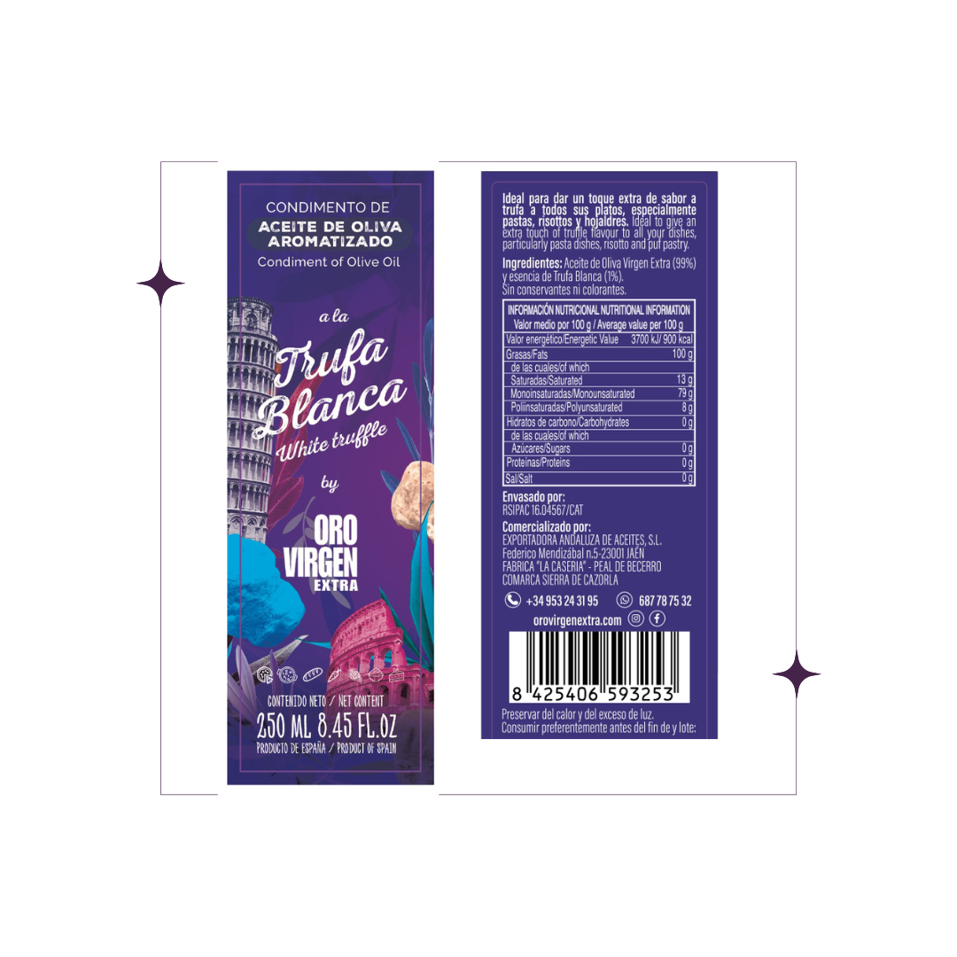 Aceite de Oliva Virgen Extra aromatizado a la TRUFA BLANCA botella cristal 250 ml. - Imagen 2